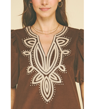 Corduroy Embroidery Mini Dress Chocolate