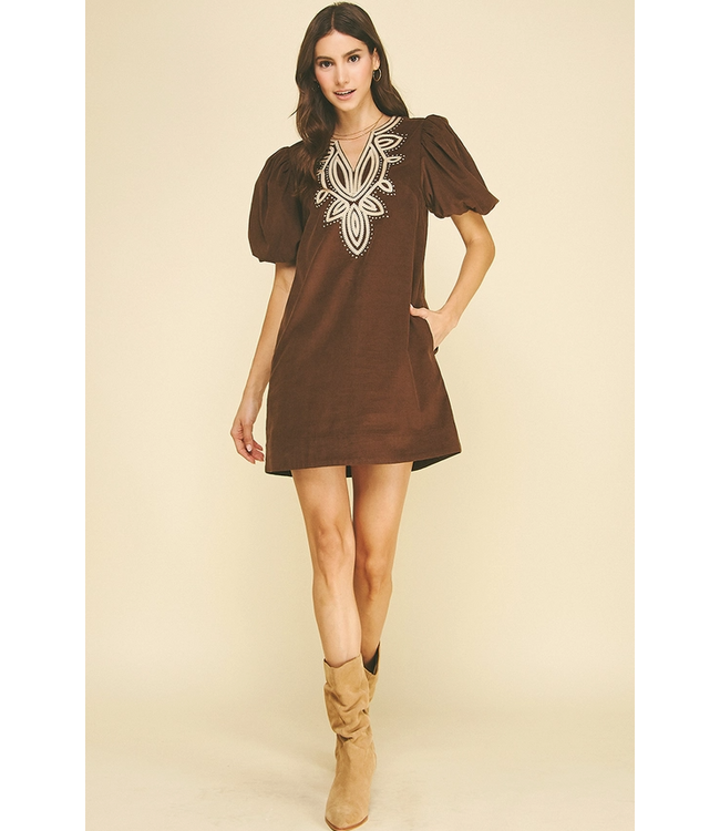 Corduroy Embroidery Mini Dress Chocolate