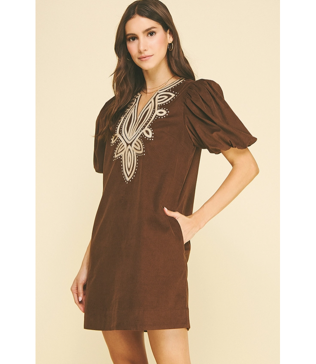 Corduroy Embroidery Mini Dress Chocolate