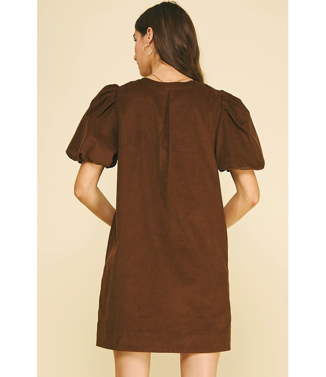 Corduroy Embroidery Mini Dress Chocolate