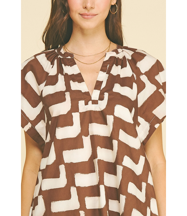Geometric Print Mini Dress Brown