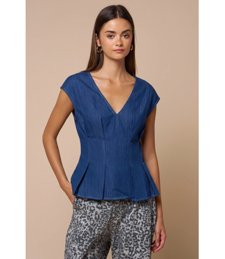 Denim Pleated Peplum Top W/Cap Sleeves & V Neckline