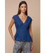 Denim Pleated Peplum Top W/Cap Sleeves & V Neckline