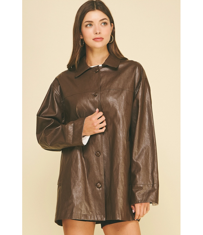 Oversized Faux Leather Jacket Brown