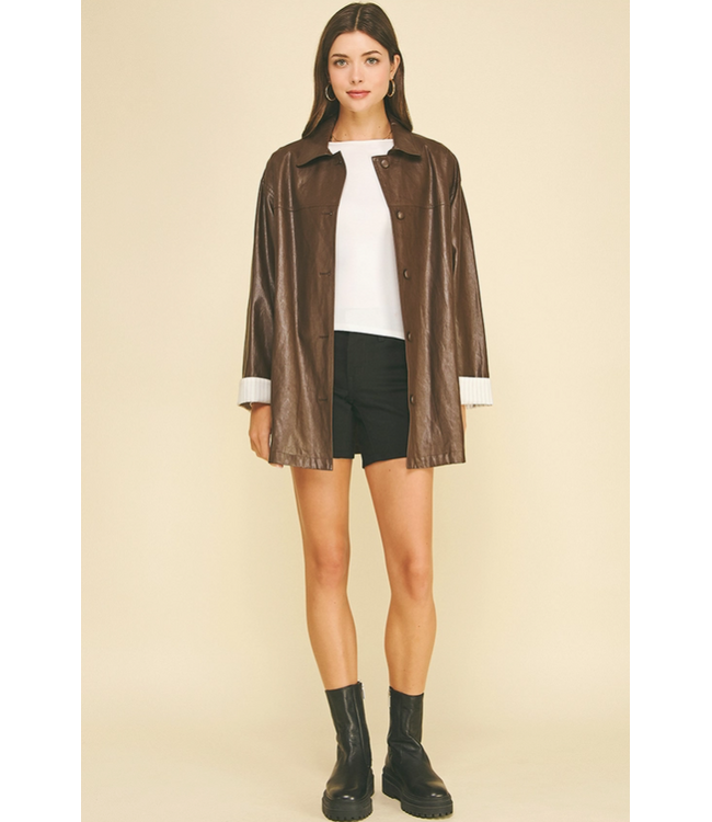 Oversized Faux Leather Jacket Brown