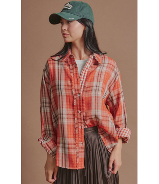 Double Gauze Plaid Oversized Button-Down Shirt Rust