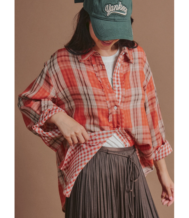 Double Gauze Plaid Oversized Button-Down Shirt Rust