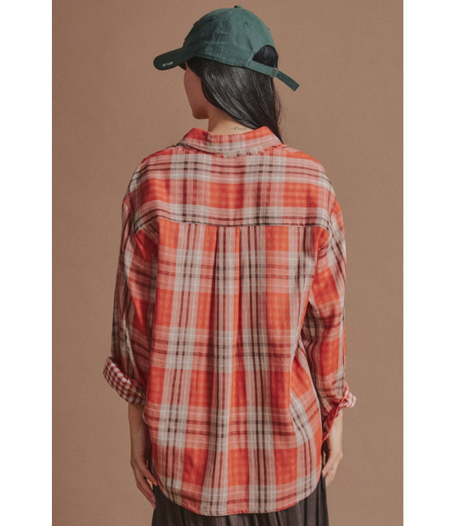 Double Gauze Plaid Oversized Button-Down Shirt Rust