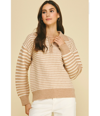 Mixed Pattern Quarter-Zip Knit Sweater Oatmeal