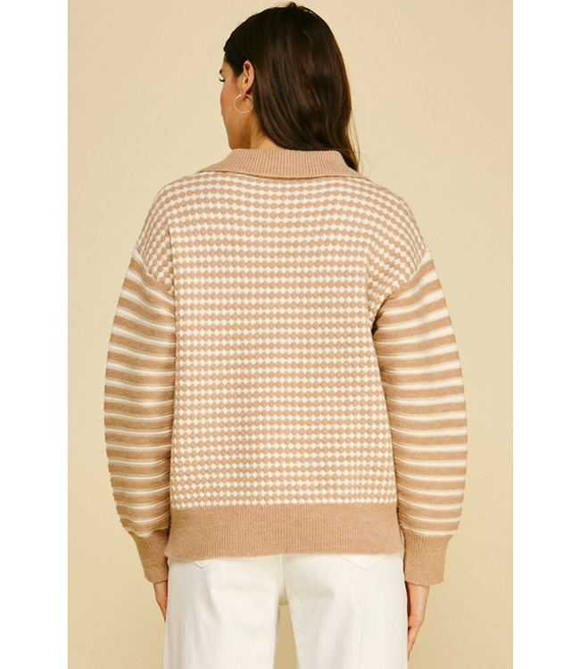 Mixed Pattern Quarter-Zip Knit Sweater Oatmeal