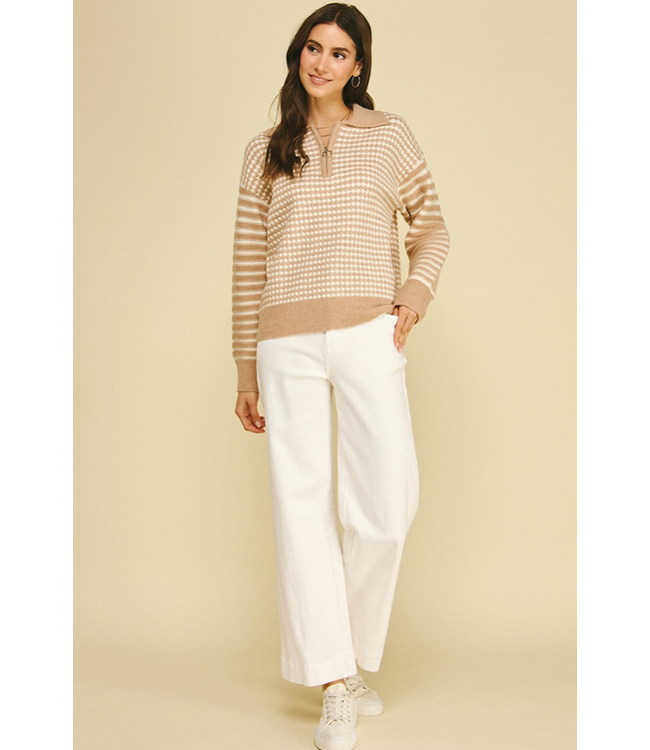 Mixed Pattern Quarter-Zip Knit Sweater Oatmeal