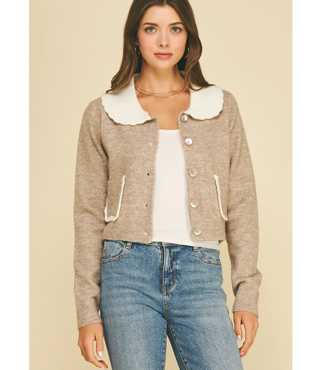 Lovely Collared Cardigan with Patch Pockets Taupe