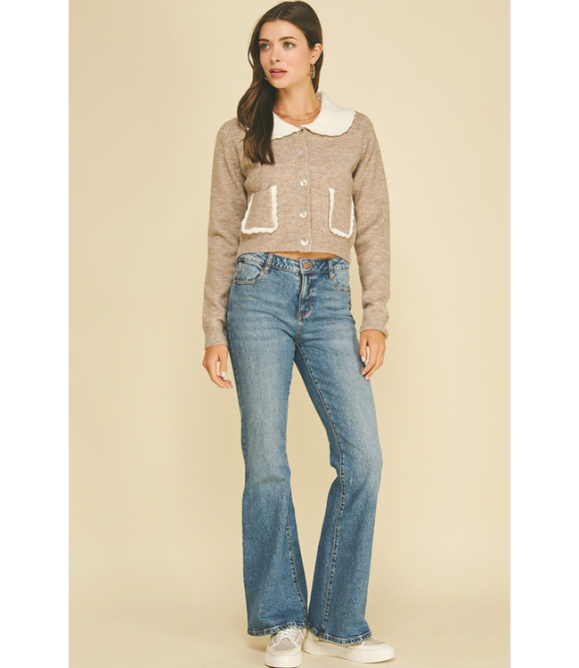 Lovely Collared Cardigan with Patch Pockets Taupe