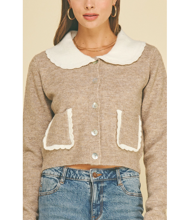 Lovely Collared Cardigan with Patch Pockets Taupe