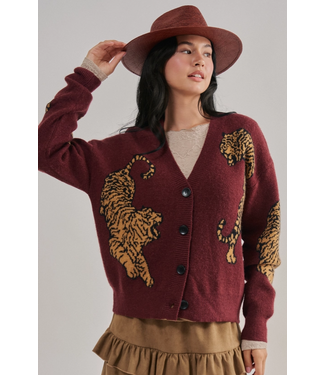 Tiger Jacquard Knit Sweater Cardigan Burgundy