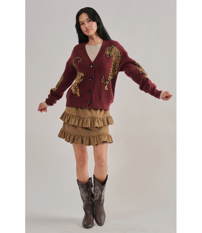 Tiger Jacquard Knit Sweater Cardigan Burgundy