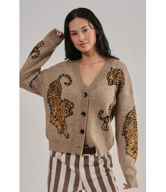 Tiger Jacquard Knit Sweater Cardigan Oatmeal