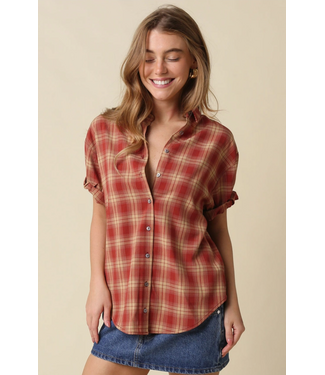 Cara Plaid Rolled Sleeve Shirt Burgundy
