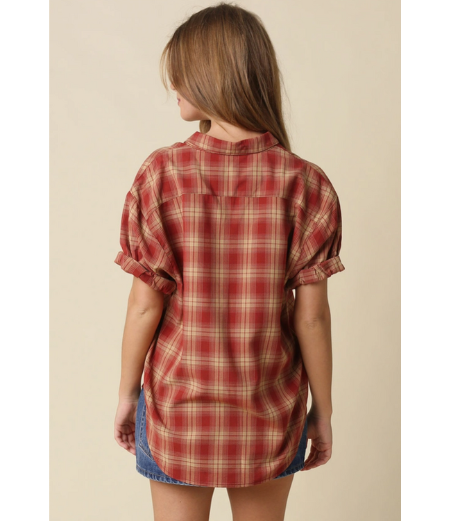 Cara Plaid Rolled Sleeve Shirt Burgundy