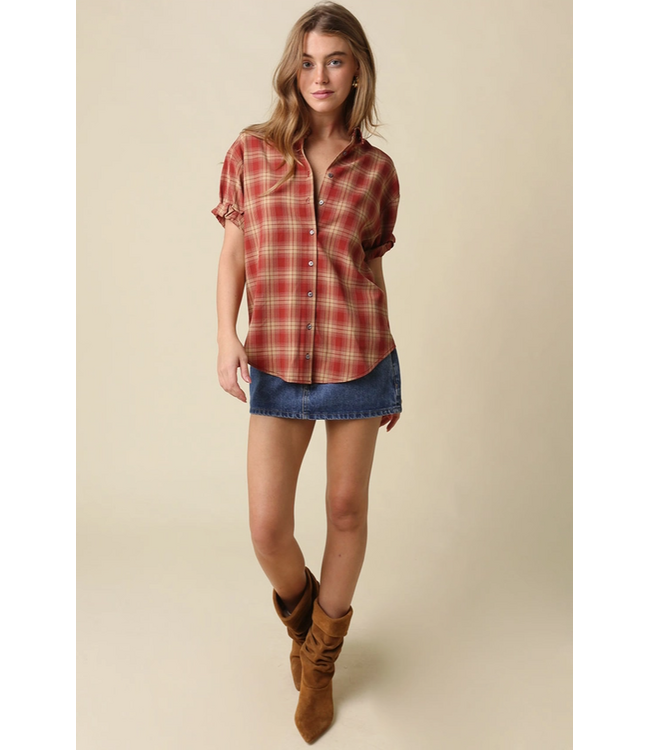Cara Plaid Rolled Sleeve Shirt Burgundy