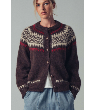 Fair Isle Nordic Toggle Knit Cardigan Brown