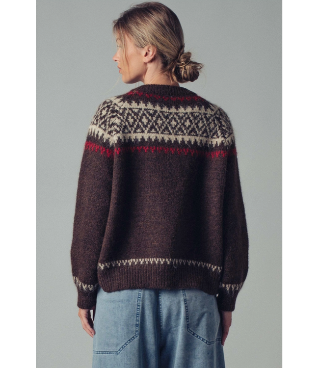 Fair Isle Nordic Toggle Knit Cardigan Brown