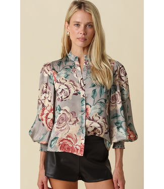 Anna Floral Satin Blouse Sage Floral