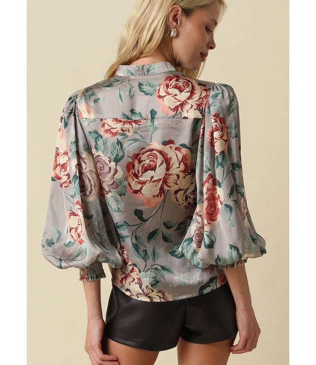 Anna Floral Satin Blouse Sage Floral
