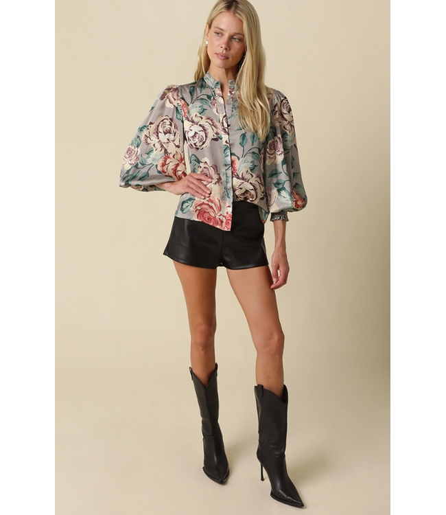 Anna Floral Satin Blouse Sage Floral