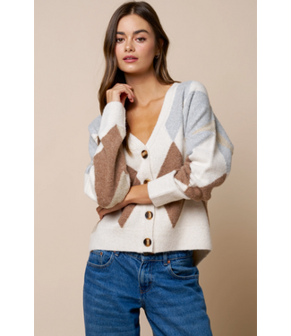 Argyle V-Neck Cardigan Sweater Cream Grey