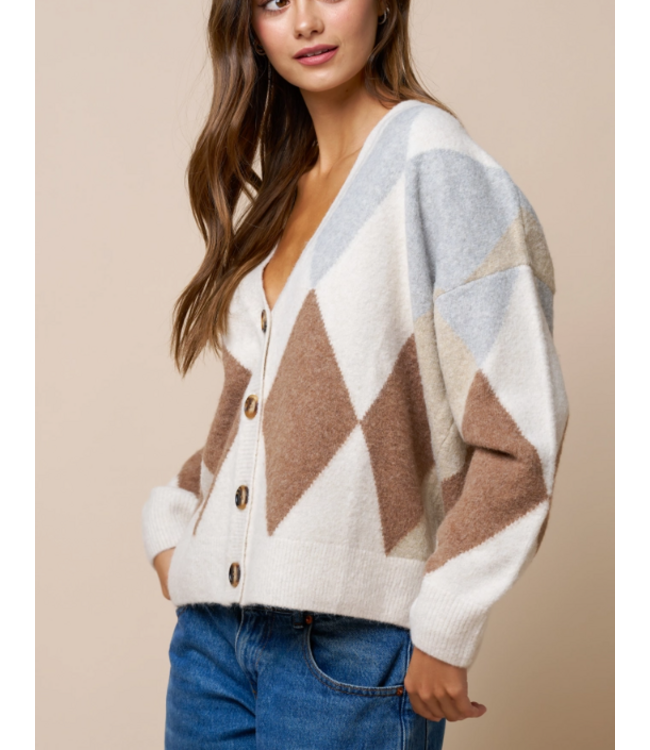 Argyle V-Neck Cardigan Sweater Cream Grey