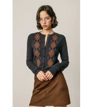 Classic Argyle Button Front Cardigan Navy Caramel