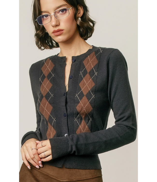 Classic Argyle Button Front Cardigan Navy Caramel