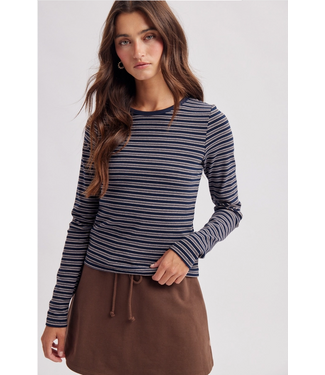 Striped Crew Neck Long Sleeve Knit Top Navy