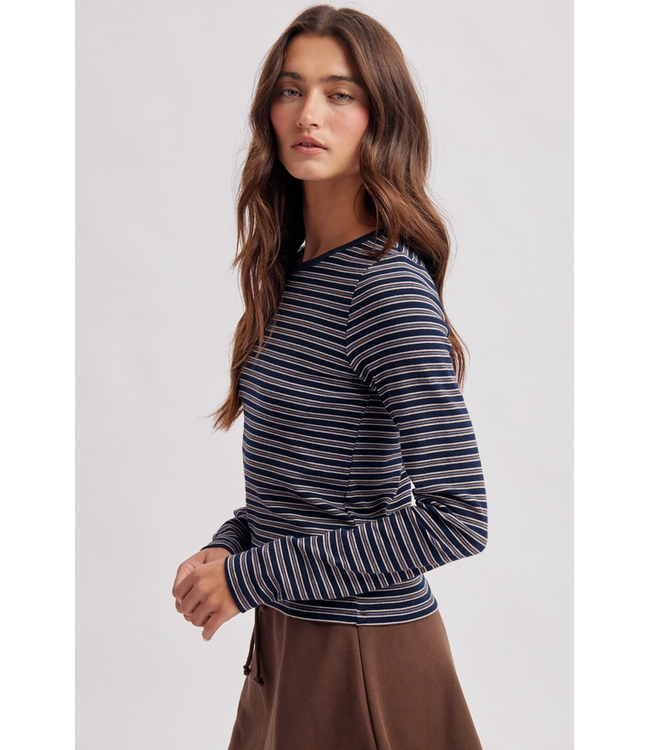 Striped Crew Neck Long Sleeve Knit Top Navy