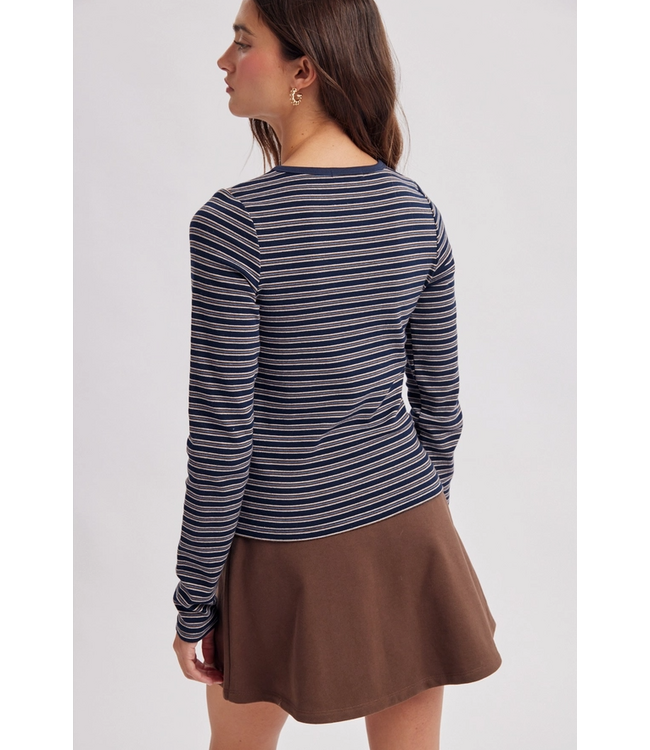 Striped Crew Neck Long Sleeve Knit Top Navy