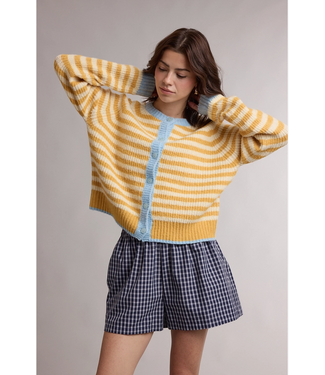 Striped Colorblock Knit Sweater Cardigan Yellow