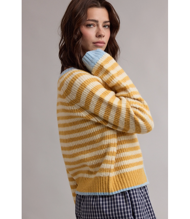 Striped Colorblock Knit Sweater Cardigan Yellow