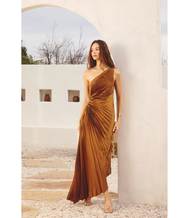 Olympia Assymetrical Pleated Dress Golden Ochre