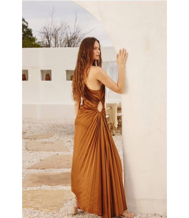 Olympia Assymetrical Pleated Dress Golden Ochre
