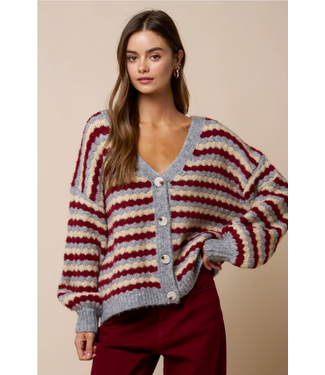 Relaxed Stripe V-Neck Button Cardigan Burgundy