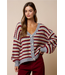 Relaxed Stripe V-Neck Button Cardigan Burgundy