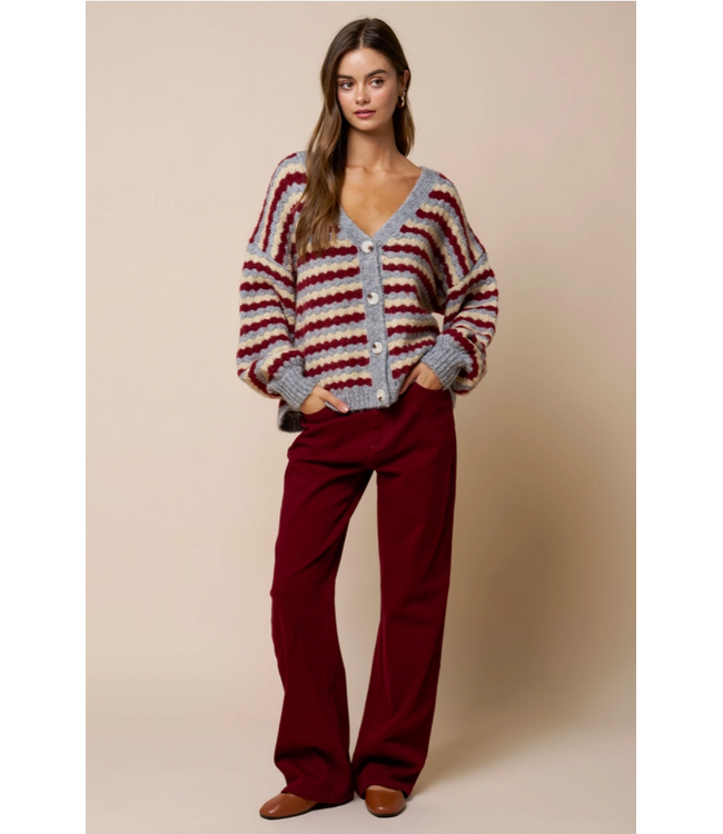 Relaxed Stripe V-Neck Button Cardigan Burgundy