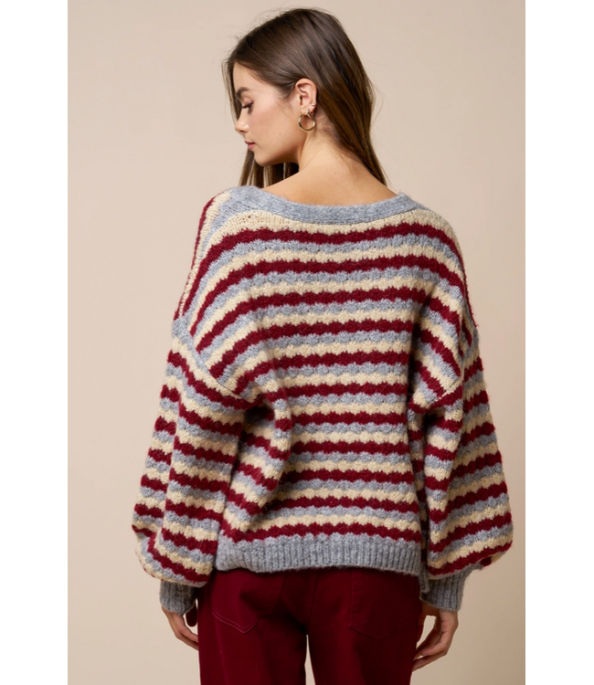 Relaxed Stripe V-Neck Button Cardigan Burgundy