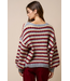 Relaxed Stripe V-Neck Button Cardigan Burgundy