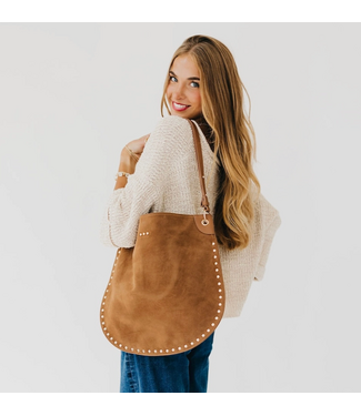Pretty Simple Rosalie Rivet Suede Hobo Bag Camel