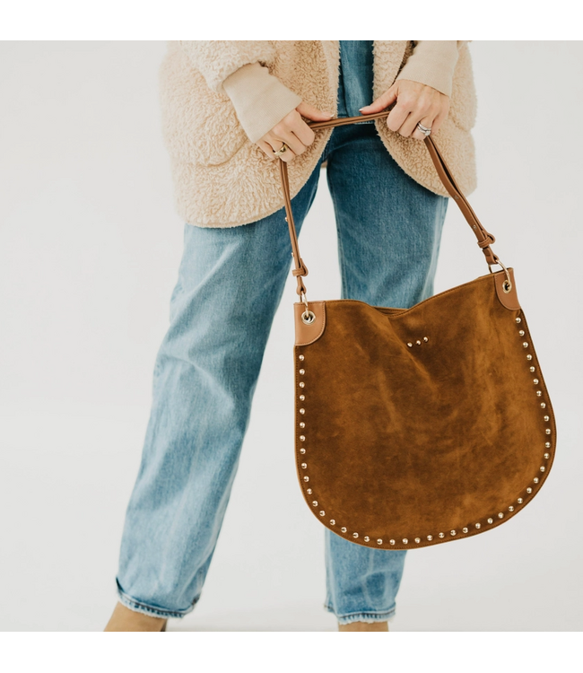 Pretty Simple Rosalie Rivet Suede Hobo Bag Camel