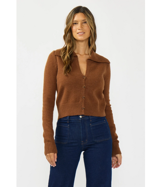 Cropped Button Front Cardigan with Collar Brown