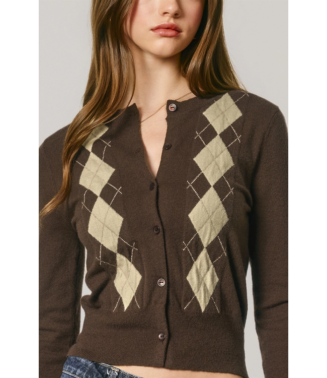 Classic Argyle Button Front Cardigan Espresso Mint