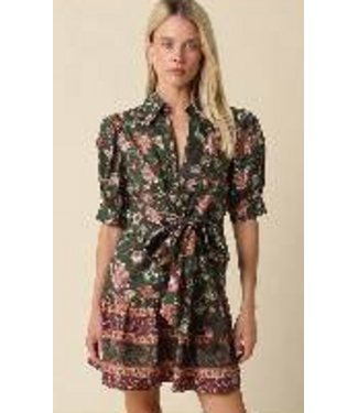 Dana Floral Front Tie Mini Dress Dk Green Mauve